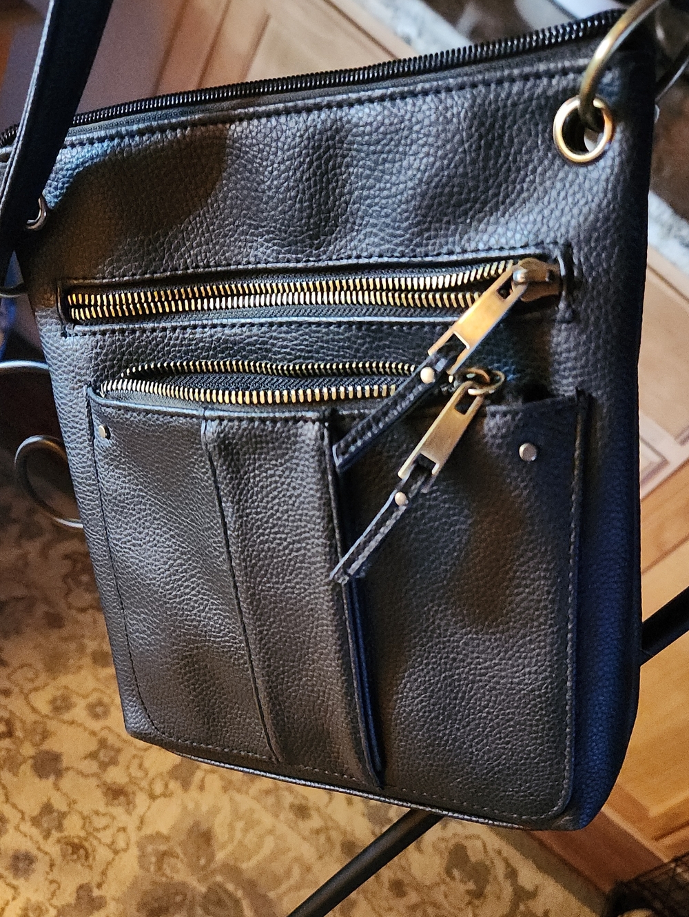 Black Leather Crossbody Bag with Front Zip Pockets